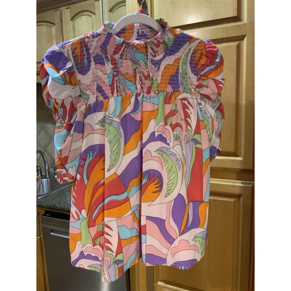 THML Pink High Ruffle Neck Color Block Blouse Top Size M 4004